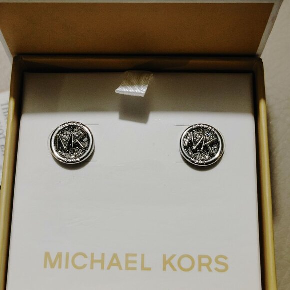 Michael Kors MK Logo Design Stud Kors Earrings In Original Box Silver tone - Picture 10 of 13